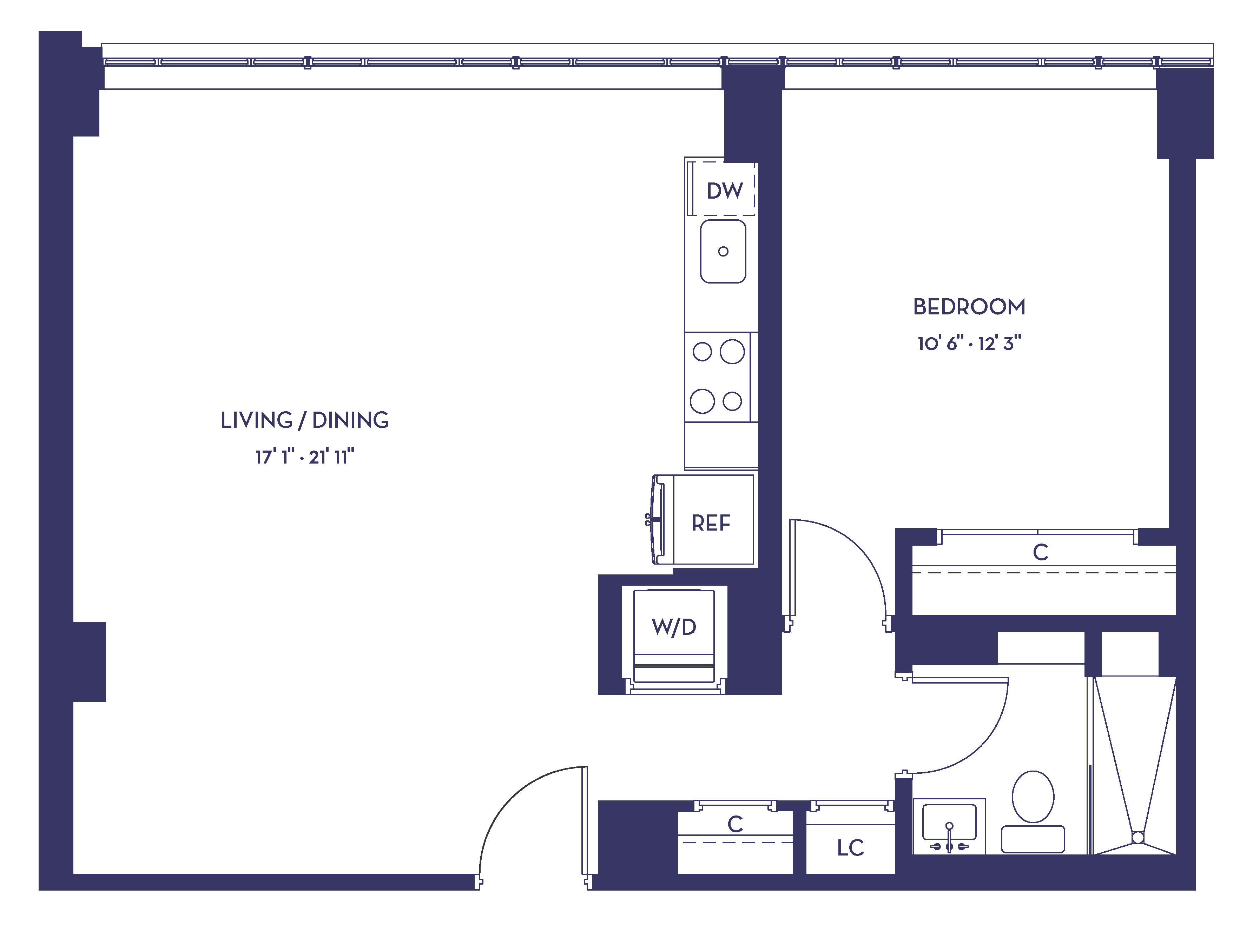 Floor plan for 1 bed, 1 bath, 663 sqft